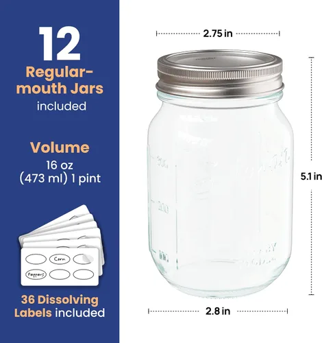 Vista 6 de Wallaby Tarros transparentes de boca regular de 16 onzas con tapa y bandas de sellado, recipiente de vidrio hermético para enlatado, decapado