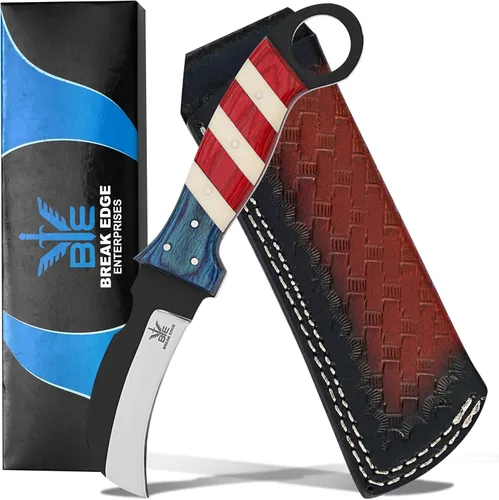 Vista 16 de Cuchillo de Hawkbill de Lineman hecho a mano de acero 1095 con funda de cuero, cuchillo de utilidad resistente para electricistas y pelado de cables