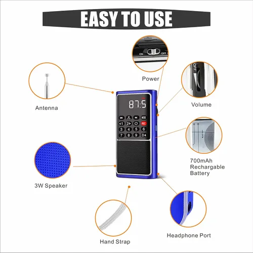 Vista 2 de Leting Radio FM portátil, altavoz MP3 con tarjeta TF/grabación USB, batería recargable de emergencia, la mejor recepción (azul)