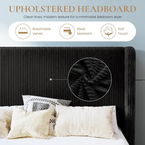 Vista 4 de SHA CERLIN - Base de cama tamaño Full tapizada en pana con plataforma y cabecera acolchada con diseño acanalado vertical estilo wingback, 8