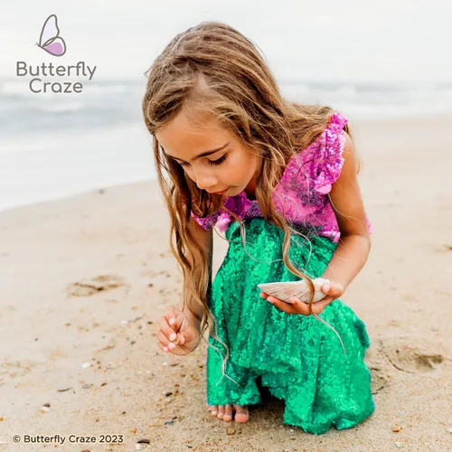 Vista 6 de Butterfly Craze Disfraz de sirena para niña pequeña, parte superiorvestido con falda, perfecto para fiestas de cumpleaños, Halloween, ferias