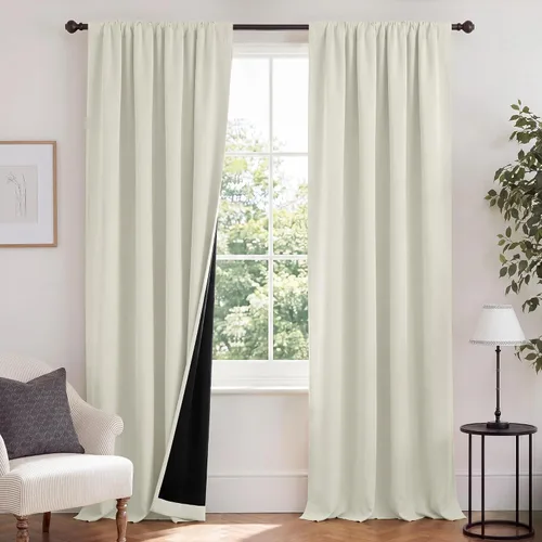 Vista 108 de NICETOWN Biscotti Beige 100% Cortinas opacas de 45" de largo para cocina, bolsillo con varilla para sótano completamente opaco, cortinas térmicas