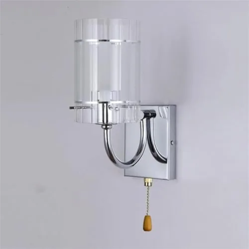 Vista 7 de Aplique de pared LED con interruptor de cadena de cristal transparente, cromado, lámpara cilíndrica moderna de mediados de siglo, lámpara cableada