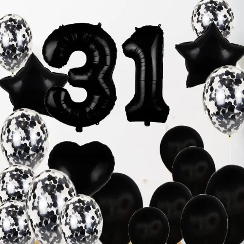 Vista 5 de Decoraciones de cumpleaños número 31, suministros de fiesta, globos negros del número 31, globos de aluminio de Mylar 31, decoración de globos