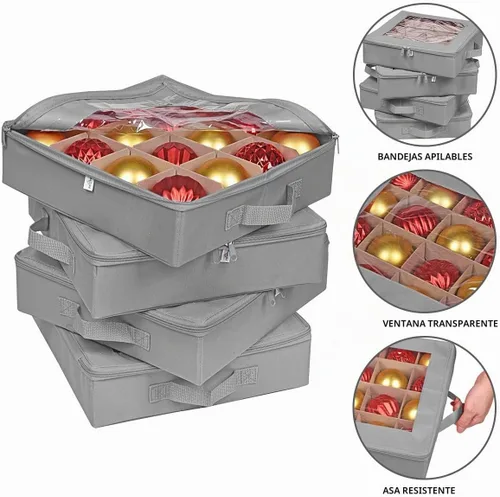 Vista 3 de ProPik 4 cajas de almacenamiento de adornos navideños con divisores, cierre de cremallera superior transparente, 4 bandejas individuales para Gris