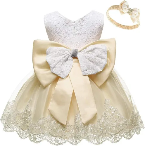 Vista 2 de Vestido de encaje y diadema formal con nudo de princesa y lazo para niñas para niñas y Pascua amarillo 0-3 meses