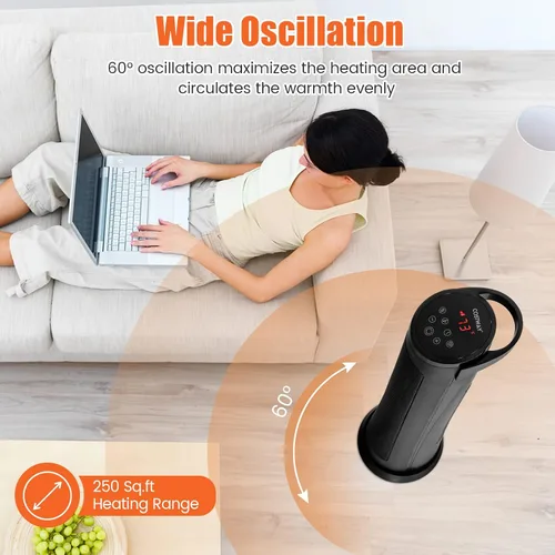 Vista 5 de COSTWAY Calentador de espacio para uso en interiores, calentador de cerámica PTC de 1500 W con oscilación de 60°, 3 modos, temporizador de 24 horas