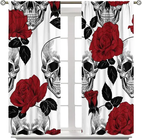 Vista 8 de Cortinas de cabeza de calavera, calavera blanca y rosas rojas con ramas y hojas negras, cortinas opacas decorativas para sala de estar, dormitorio