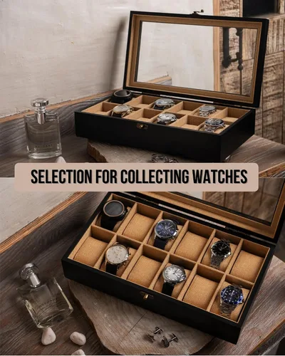 Vista 3 de Exper City Caja de reloj, caja de reloj para hombres y mujeres con tapa de vidrio grande, caja de almacenamiento de madera con 12 ranuras