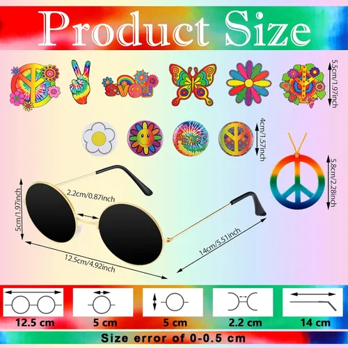 Vista 2 de Juego de 14 piezas de disfraz hippie de los años 60 y 70 para hombre, chaleco hippie, camisa de teñido anudado, peluca afro, collar de signo