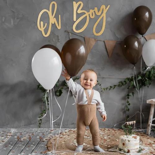 Vista 3 de OH BOY Letrero de madera dorado para baby shower y decoración de revelación de género, telón de fondo ligero para decoración de pared para fotos