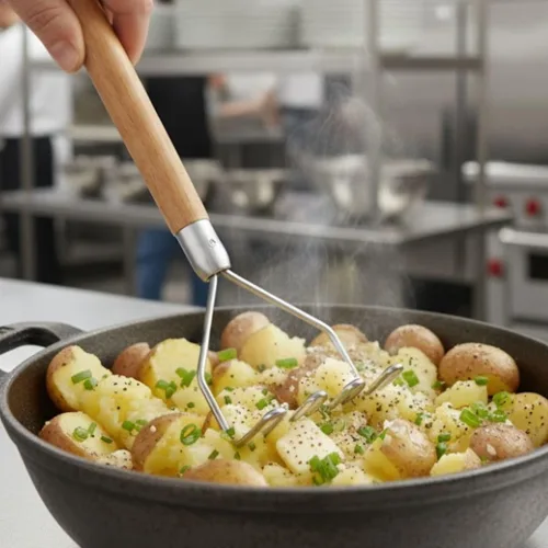 Vista 3 de Soro Essentials - Triturador de patatas cuadrado de 18" cromado con mango de madera- Herramienta de cocina para verduras, bayas, frutas, aguacates
