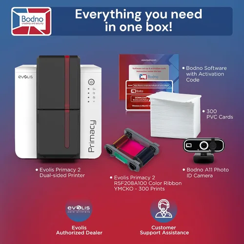 Vista 2 de Bodno Evolis Primacy 2 Impresora de tarjetas de identificación de doble cara y paquete de suministros completos Software de identificación Edición