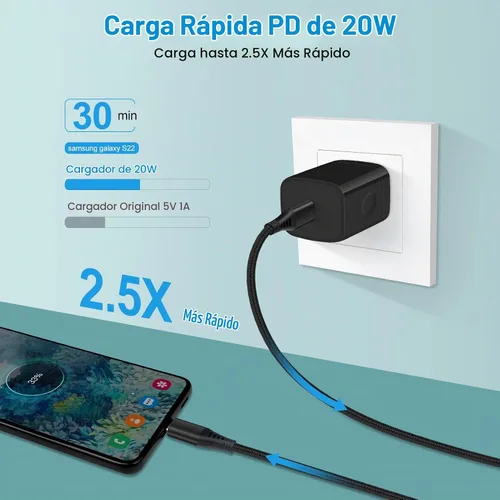 Vista 2 de Cargador tipo C Bloque de carga rápida para Samsung Galaxy S25, A15 5G, A16, A55, A35, A14, A13, A25, S24, S23, Fe, A03s, A53, Z Fold6, 20W PD 3.0