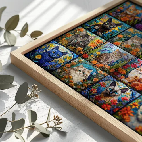 Vista 6 de Bgraamiens Rompecabezas de arte de mosaico de gatos, 1000 piezas, arte de vidrieras con gatos y flores, desafío de color para adultos
