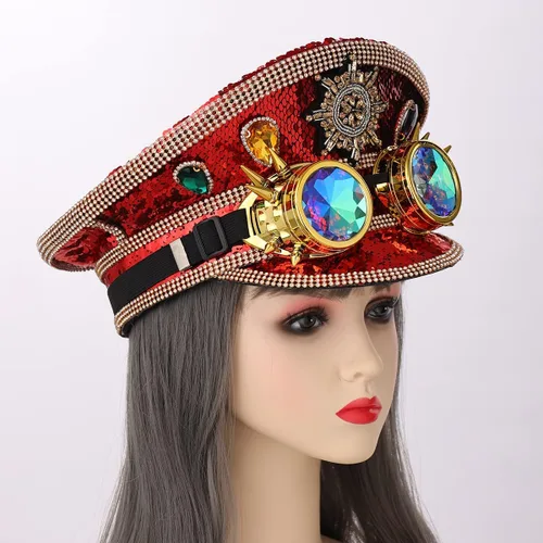 Vista 5 de COSDREAMER Sombrero de lentejuelas para mujer, sombrero de capitán militar con gafas