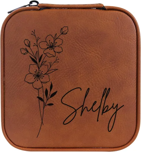 Vista 14 de Joyero de flores de nacimiento personalizado Estuche de viaje (cuero crudo, abril - guisante dulce)