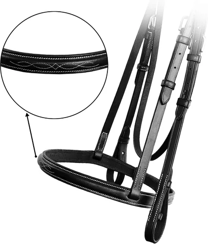 Vista 5 de Exion Hunter - Brida inglesa con riegas con cordones, brida inglesa cosida de lujo Brida de cuero de primera calidad con herrajes de acero