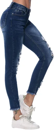Vista 3 de Resfeber - Pantalones de jean rasgados estilo boyfriend para mujer, pantalón de jean desgastado y elastizado, largo hasta la pantorrilla y agujeros
