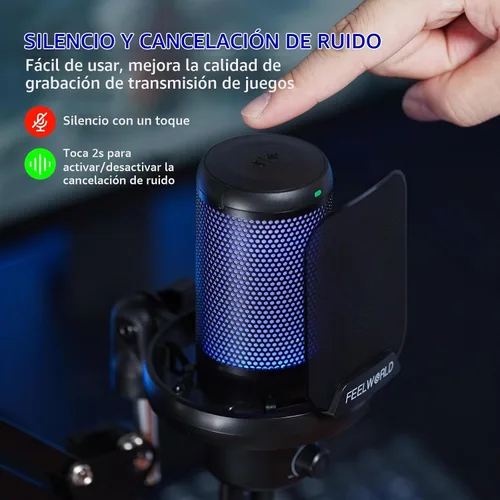 Vista 2 de FEELWORLD VM1 Micrófono USB para PC de juegos Micrófono condensador con cancelación de ruido Silencio Luz RGB, accesorios de computadora Regalos