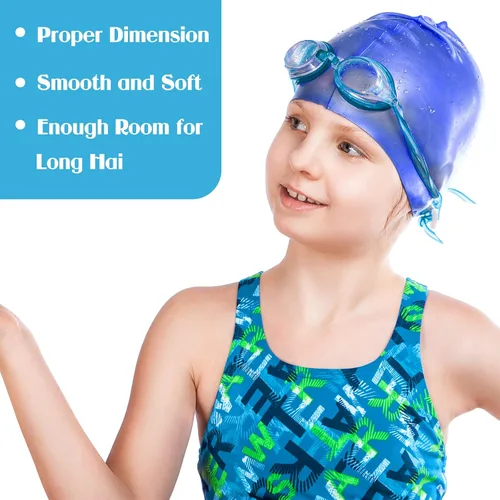 Vista 5 de Zhanmai 3 Pieces Kids Swim Caps for Long Hair Silicone Swimming Cap for Girls Boys Kids Teens with Long Curly Hair Braids Dreadlocks Large