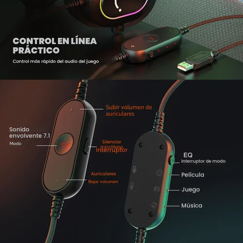 Vista 3 de FIFINE AmpliGame H6 Auriculares USB con cable para juegos con RGB dinámico Negro