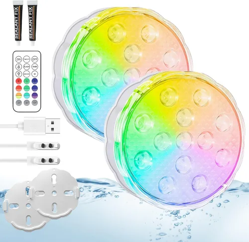 Vista 10 de Luces de piscina sumergibles con control remoto, luces de estanque impermeables con ventosas mejoradas, imanes, 16 colores intercambiables, batería