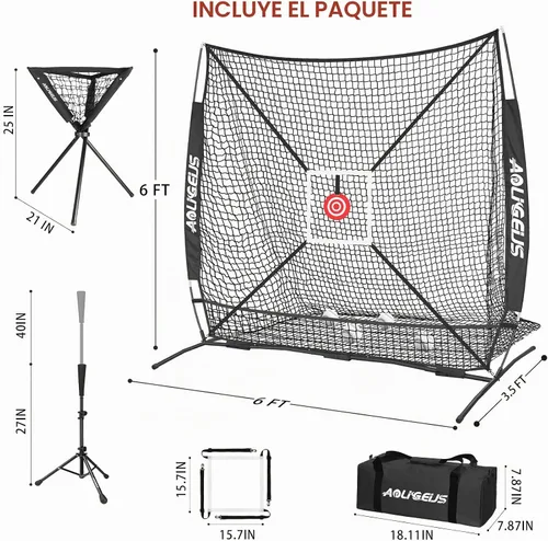 Vista 7 de 6'x6' Baseball Softball Practice Net, Batting Tee & Ball Caddy Negro-b