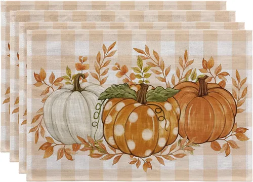 Vista 10 de Romanstile - Juego de 4 manteles individuales de otoño de 12 x 18 pulgadas, cuadros escoceses, resistentes a las manchas y lavables, para fiestas