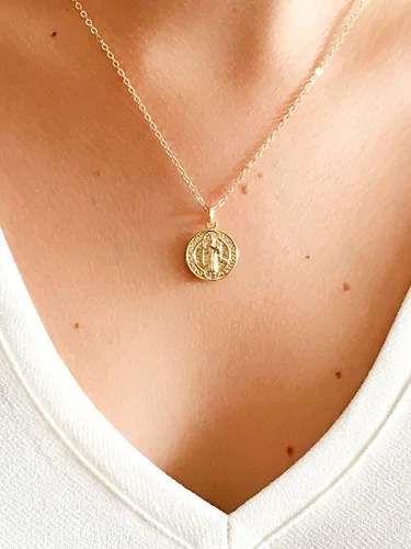 Vista 8 de Medalla de San Benito chapado en oro de 18 quilates collar 18 pulgadas joyería de protección