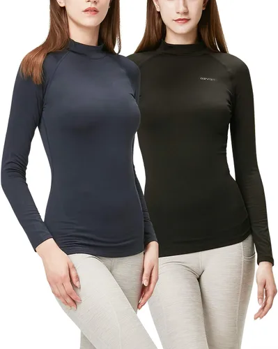 Vista 18 de DEVOPS Paquete de 2 camisetas térmicas de cuello alto de manga larga de compresión para mujer capa base negro / negro