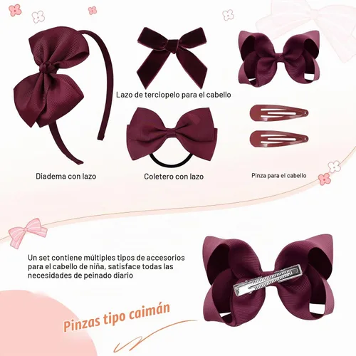 Vista 2 de DEEKA Juego de accesorios para el cabello de uniforme burdeos, 15 piezas, lazos para el pelo, pinzas para el cabello, diadema, lazos para el cabello