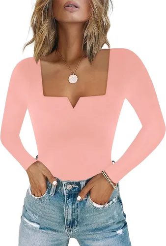 Vista 22 de Chunpin Body de manga larga para mujer, cuello cuadrado, muesca, cuello en V, traje de cuerpo de doble forro para salir, trajes de tanga Slim Fit