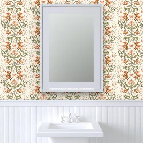 Vista 9 de Spoonflower Muestro de papel tapiz extraíble – Caprichoso Zorro Naranja Ardilla Botánica Naturaleza Jardín Crema Verde Rosa Dulce Lindo Papel