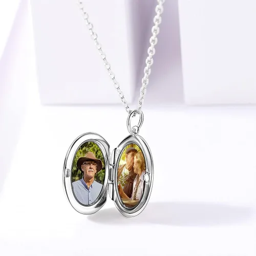 Vista 3 de Custom4U Collar redondo y ovalado de plata que sostiene la imagen colgante de medallón de fotos personalizado chapado en oro de 18 quilates plata