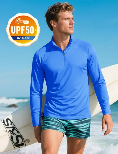 Vista 2 de CRYSULLY Camiseta de manga larga con cremallera de 1/4 para hombre, con protección solar, pullover UPF 50+, rash guard para correr, camiseta ligera