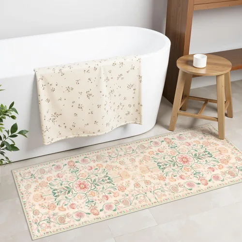 Vista 14 de Uphome Alfombra de baño bohemia con diseño floral beige, ultra suave, antideslizante, vintage, lavable a máquina, alfombra de baño floral para baño