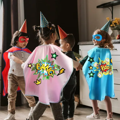 Vista 2 de Creatoy Capas y máscaras de superhéroe con calcomanías de bricolaje paquete de 10 juguetes de superhéroe para Halloween cumpleaños