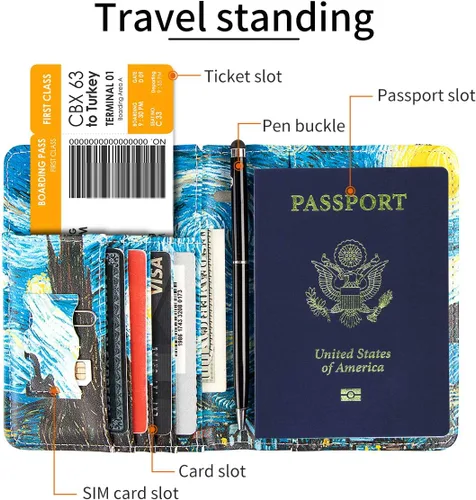 Vista 3 de Funda para pasaporte con bloqueo RFID de piel, organizador de documentos de viaje, Flores de albaricoque.), 201910301033D