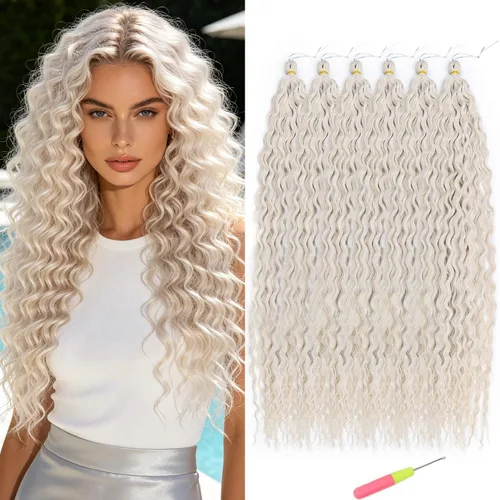 Vista 33 de MAYSA Cabello ondulado de ganchillo azul, cabello ondulado con ganchillo para mujer, extensiones de cabello sintético de onda profunda de 22