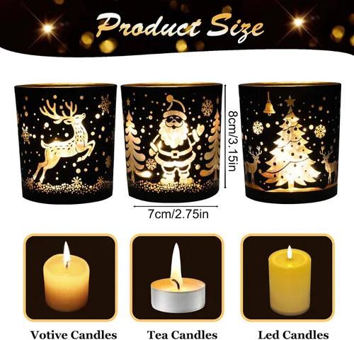 Vista 3 de Portavelas votivas, juego de 3 portavelas de Navidad de cristal negro y dorado, portavelas de té con Papá Noel, reno, patrón de árbol Xmax