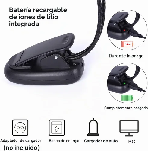 Vista 3 de Lámpara recargable con soporte para música, luz de lectura con clip, lámpara de libro de 8 LED, 3 niveles de brillo para protección ocular, perfecta