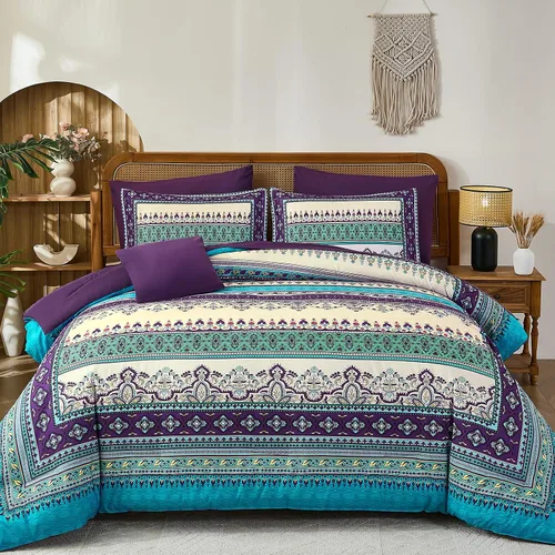 Vista 29 de Cottolester - Juego de edredón bohemio de tamaño matrimonial, 8 piezas, ropa de cama de microfibra suave en una bolsa, rayada y de color aguamarina