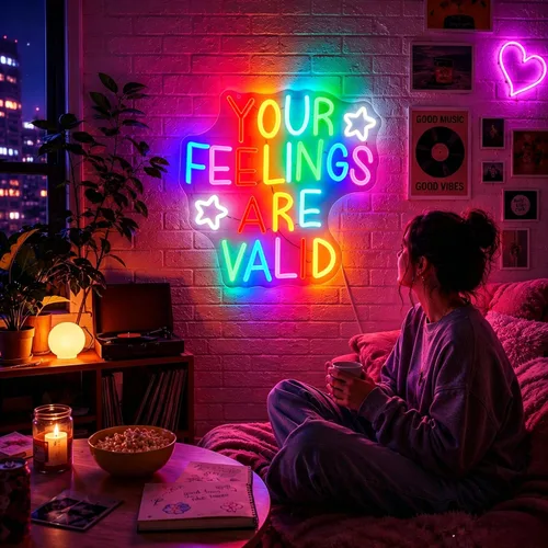 Vista 2 de Letrero de neón para decoración de pared, regulable con texto en inglés "Your Feelings Are Valid", luces de neón LED, letreros iluminados