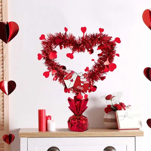 Vista 7 de Hotop 3 piezas de decoración de mesa con diseño de corazón para el día de San Valentín con tarjetas, coronas troqueladas rojas metálicas, centros
