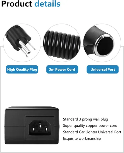 Vista 3 de Convertidor de CA a CC de 13.5FT 110V/120V a DC 12V 10A 120W Fuente de alimentación de coche 13.5FT Extra-Long Power Cord 12Volt Car Cigarette