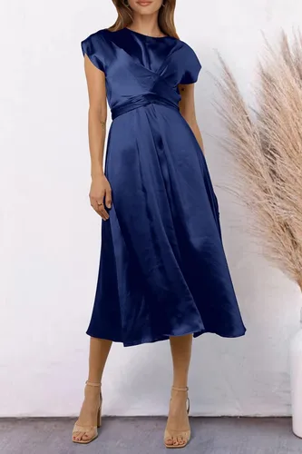 Vista 7 de PRETTYGARDEN Vestido midi de satén de verano 2023 para mujer, manga casquillo, lazo en la cintura, elegante, vestido acampanado