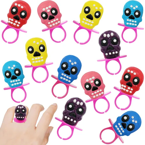 Vista 5 de Fruidles Anillos duros de calavera de Halloween, Día de los Muertos, envueltos individualmente (paquete de 12)