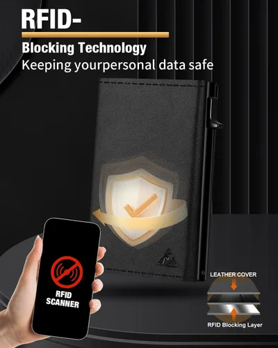 Vista 4 de Cartera Tarjetero para Hombres - Estuche de Aluminio Desplegable, Cuero de Microfibra Flexible Premium, Cartera Inteligente para Hombres, Bloqueo