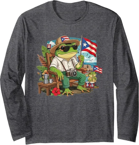 Vista 5 de Puerto Rico Coqui Frog Boricua Flag Pride Graphic Long Sleeve T-Shirt